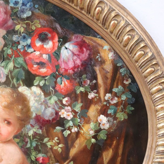 Cherubs With Flowers, Oil Painting On Board Signed, Italy Early 20th Century – Paintings & Drawings, Wood (photo 8 of 18)
