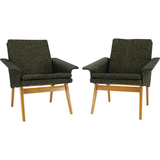 Pair of vintage armchairs in wood and fabric, Czechoslovakia 1960s