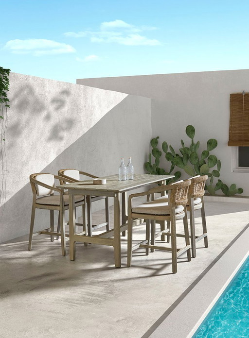 Mesa de mostrador de teca + 6 sillas de mostrador NATURAL