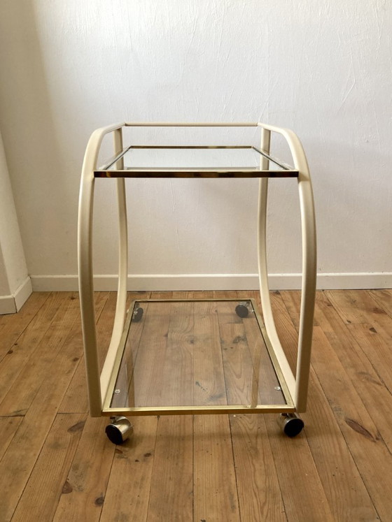 Vintage 1970s rolling serving cart in glass, cream metal and gold finish – Bar carts (photo 5 of 14)