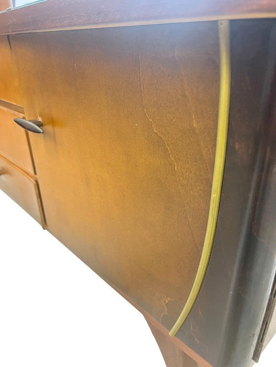 Image 1 of 50s wooden chest of drawers with brass band style elements, typical German Mid - Century design