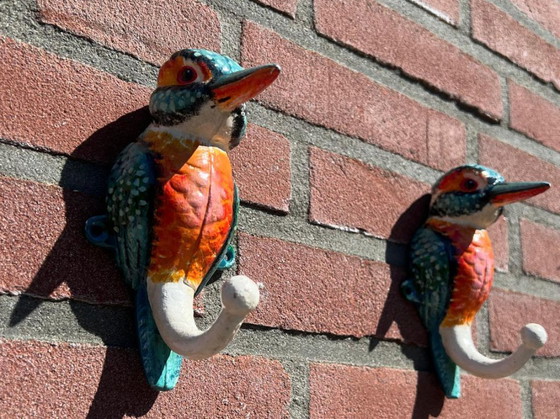 Image 1 of Set of 2 cast iron kingfisher bird sculptures that also serve as sturdy wall hooks - Free Shipping