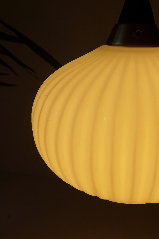 Image 1 of Vintage hanging lamp Danish design opal glass lamp teak 60s 70s