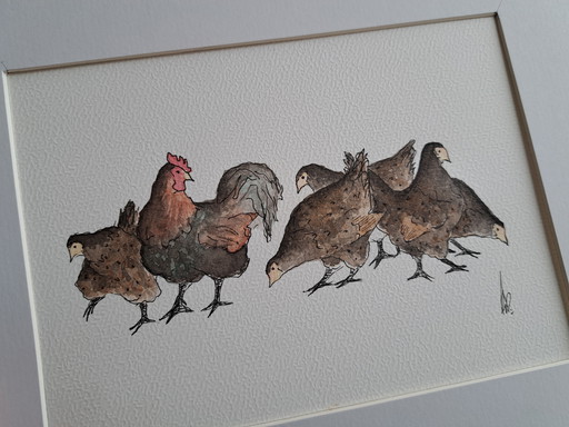 Watercolor painting chickens original | In dark brown frame