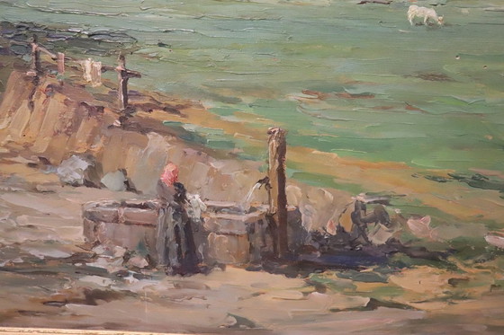 Image 1 of Italiaans bergdallandschap, gesigneerd olieverfschilderij, 20e eeuw