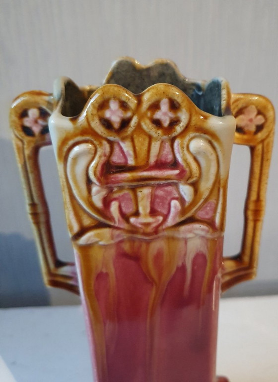 Art Nouveau Vase, French Barbotine (ca. 1900) - No. 2167, Ceramic, Red (photo 5 of 8)