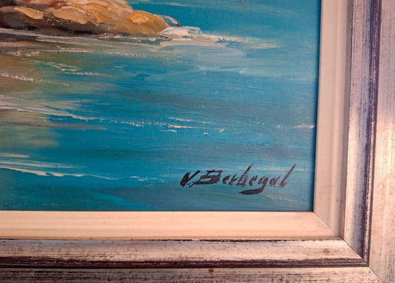 Image 1 of V. Berbegal. Oil on canvas painting + Ibiza postcard, artist reference - ca. 1980. Decoration
