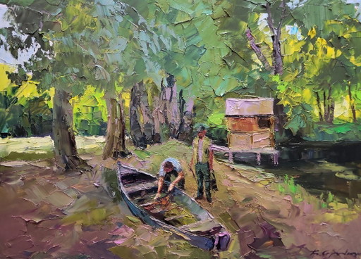 Origineel olieverfschilderij: Landelijk landschap, natuur, een boot nabij de kust