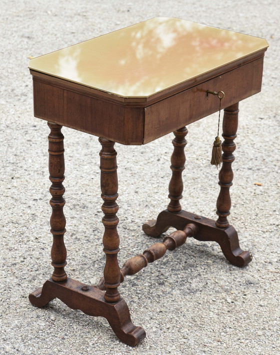Late 19th Century Italian Occasional Table with Turned Base, Drawer, and Glass Top, Coffee tables, Wood, Brown (photo 5 of 8)