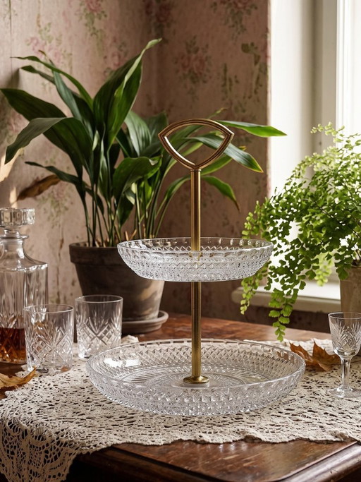 Vintage molded crystal and gilt metal display stand/server from the 1970s-1980s