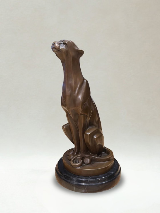 Image 1 of Art Deco bronze panther – Signed De Coux – 30cm - 4kg – Marble base