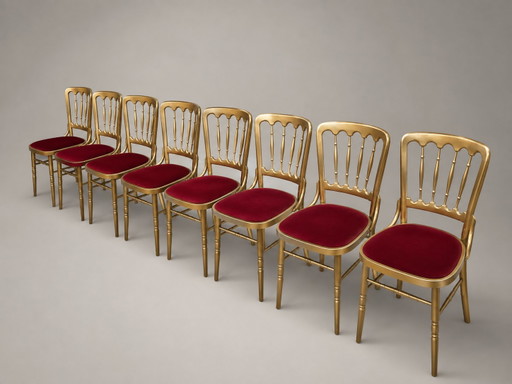 Juego de 8 sillas vintage estilo Napoleón/Chiavari | Acabado dorado | Tapicería burdeos | Viena – fauteuils, Wood