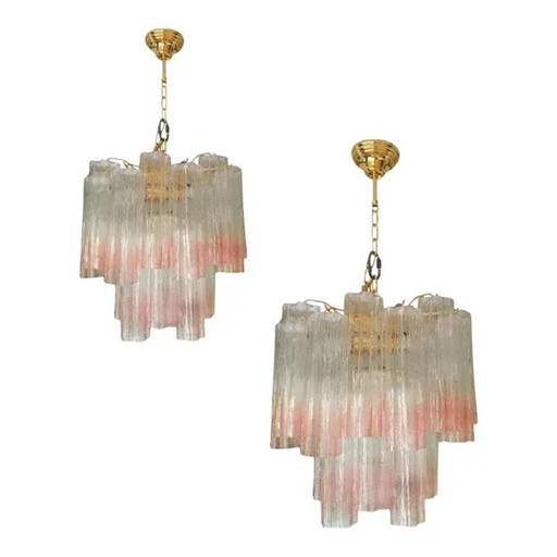 Pair of 21st Century Murano Style Glass Vanished Pink Tronchi Venini Style Chandeliers