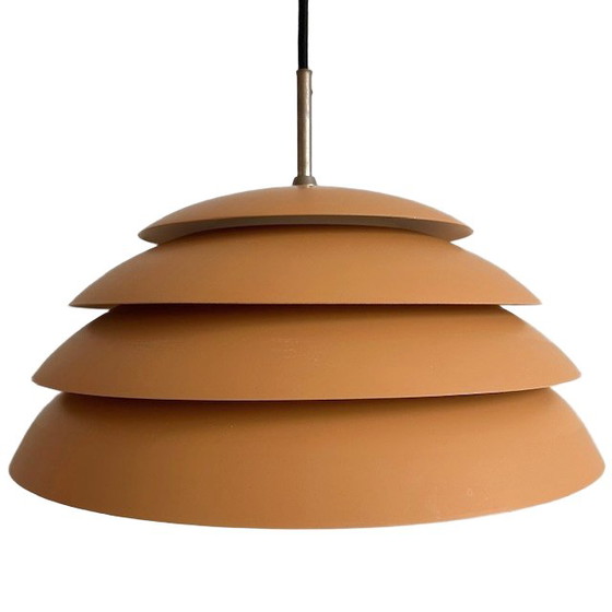 Image 1 of Mid - Century Danish design disc pendant lamp ochre yellow frosted 1960's