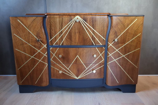 Mobile bar Art Déco vintage, restaurato con cura, antracite e noce