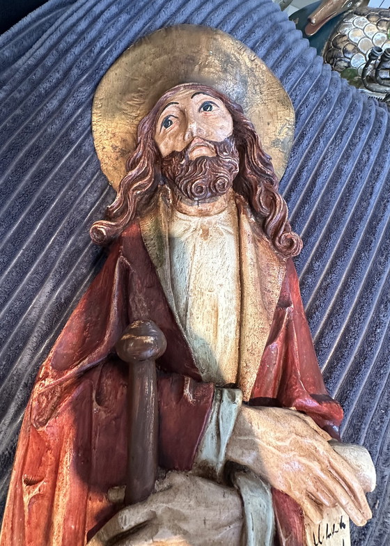 Image 1 of Statues d'église anciennes de style Riemenschneider, sculptures artisanales sur bois de Marie et Moïse