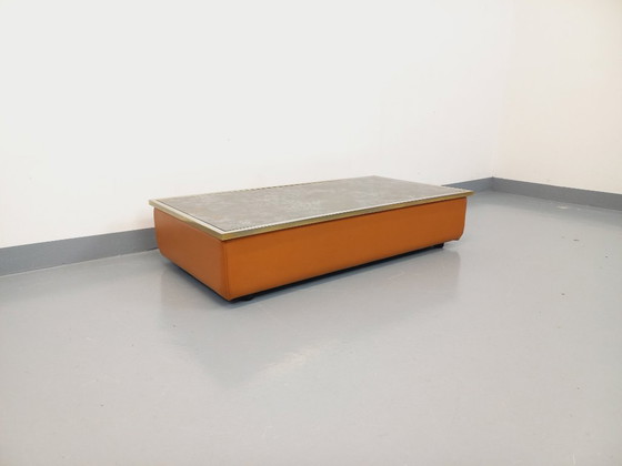 Image 1 of Tavolino vintage in vetro eglomato, cromo e pelle degli anni '70