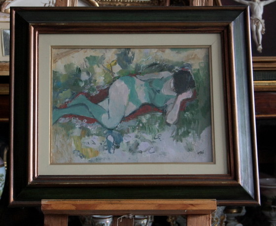 Image 1 of Peinture à l'huile sur toile, "Femme couchée", par Savino Labò, signée