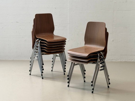 4 Sedie Impilabili – Impiallacciatura in Legno & Cromo, Stile Mid-Century – Poltrone, Vintage (photo 14 of 14)