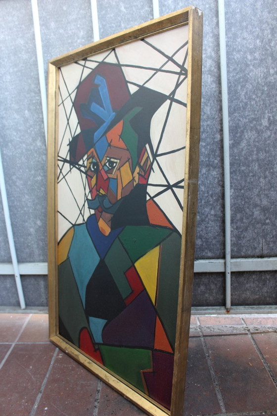Image 1 of "Man in Hat" Contemporary Cubist Style Figurative Acrylic Painting Framed