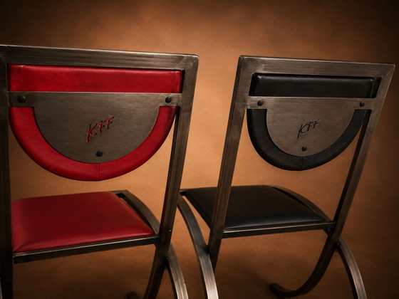Originele KFF designstoelen – vintage jaren 80 – gekleurde set – Eetkamerstoelen, Leather, Metal (photo 6 of 8)