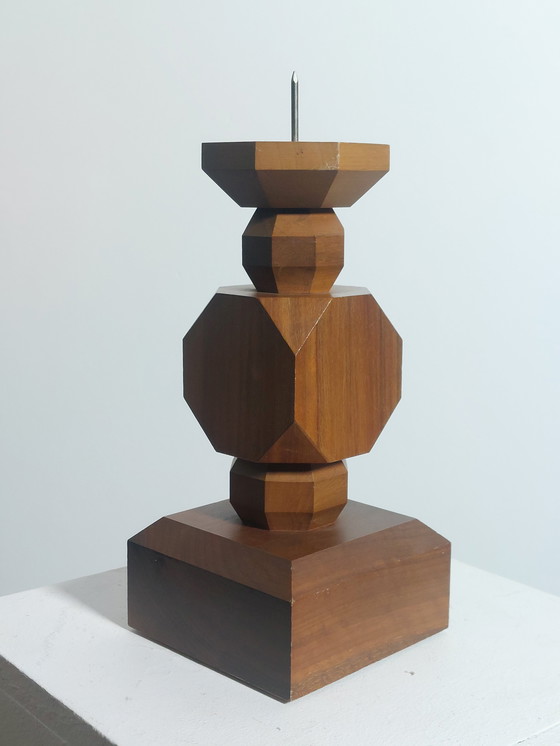 Image 1 of Vintage mid-century geometric wooden candlesticks