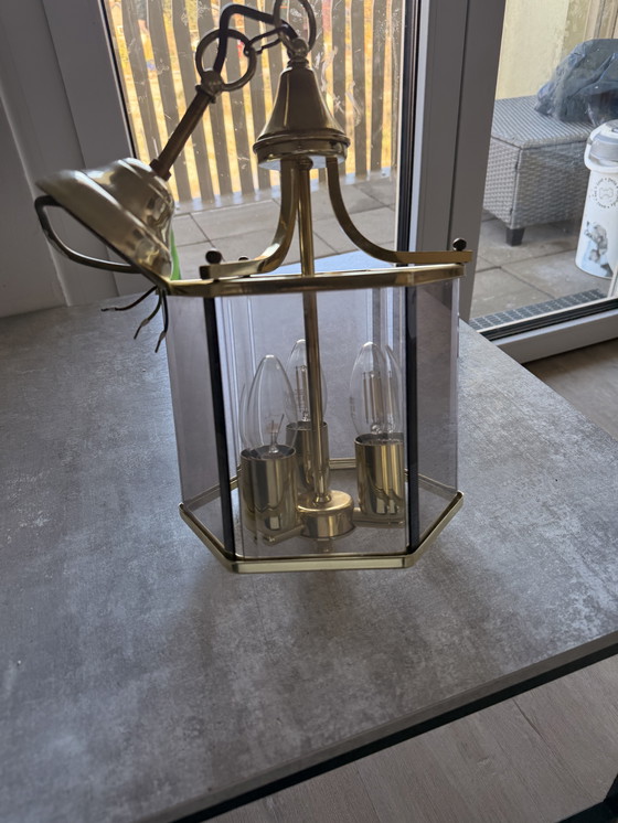 Image 1 of Holtkötter Hängeleuchte Messing, 3-flammig, Vintage, Glas, Made in Germany