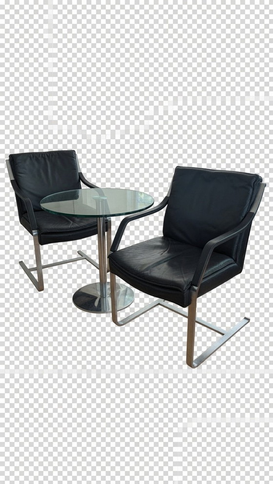 Image 1 of 4 zwarte lederen stoelen Freischwinger Alpha + glazen tafel, vintage set, Art Collection - Walter Knoll