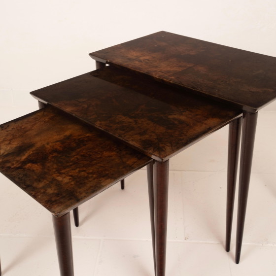 Aldo Tura Mid Century Parchment Nesting Tables Model 764 Tura Milano Italy 1950 – Side tables, Leather (photo 10 of 19)