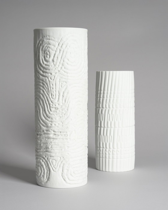 Image 1 of M. Freyer & W. Schreib Rosenthal Bisque Porcelain Vase Duo Op Art Relief 70s XL & L