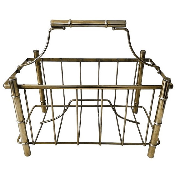 Image 1 of Vintage Hollywood Regency Faux Bamboo Newspaper Rack Magazine Basket Gold Metal Magazine Rack 1960s