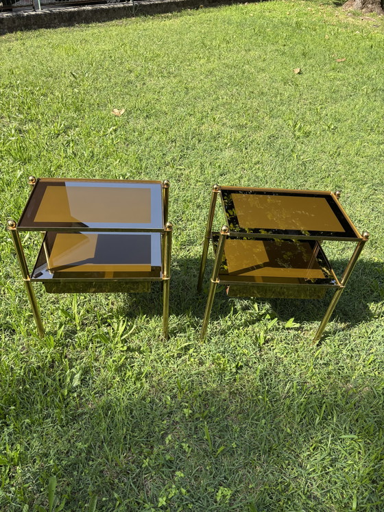 Pair of Italian Brass & Smoked Glass Bedside Tables with Drawers – 1970s – Comodini, Wood (photo 5 of 15)