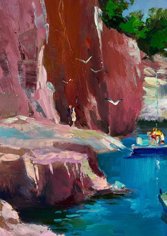 Image 1 of Original Oil Painting Sea Coastal Landscape Boats On The Rocky Shore