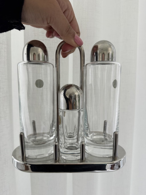 Ensemble Alessi Ménage 5 pièces : vinaigre, huile, sel et poivre