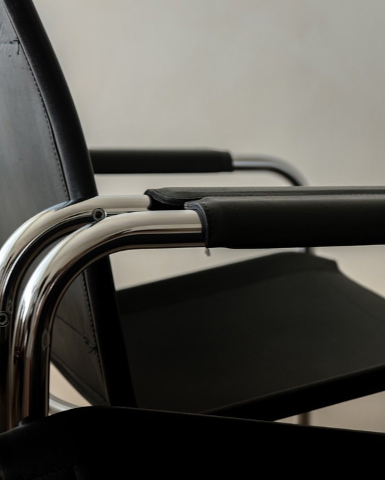 Image 1 of Vintage Bauhaus Klinte loungestoelen van chroom en zwart leer, ontworpen door Tord Björklund voor IKEA, jaren 80, set van 2.