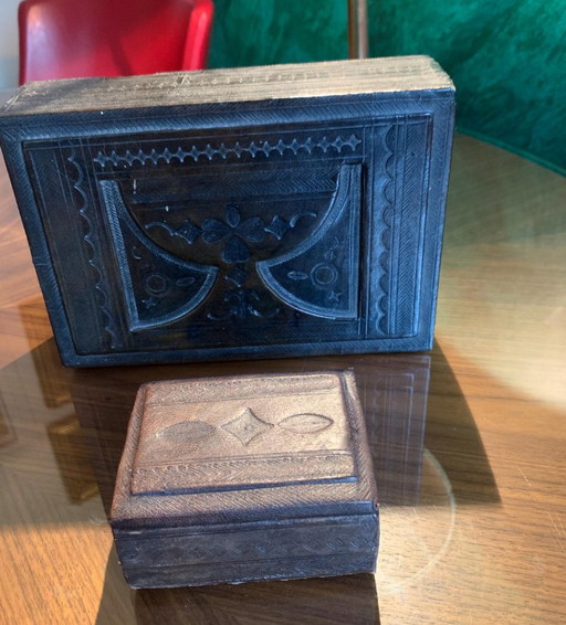 Vintage Tuareg/Niger Gift Box Set in Wood and Hand-Carved Black Leather (Duo) – decoratieve objecten