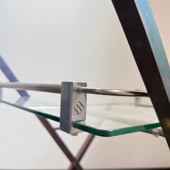 Bar cart with glass shelves and metal frame, Peter Ghyczy, Transparent, Vintage (photo 7 of 15)