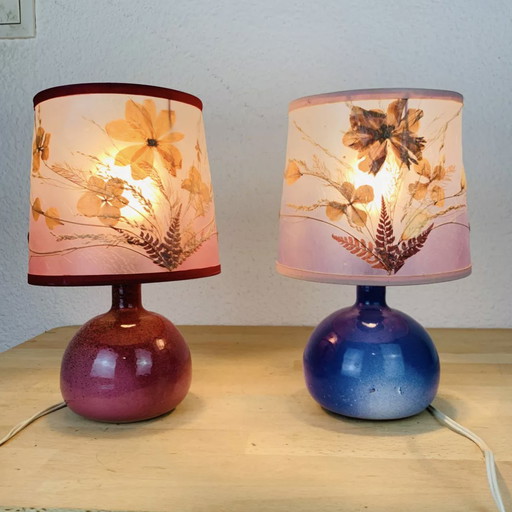 Pair De Lampes Figue En Céramique Rose Et Bleu Abat Jour Fleurs Séchées Vintage