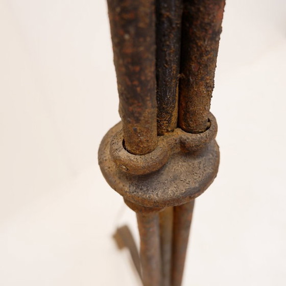 Image 1 of Wrought-iron tripod floor lamp adorned with stylized animal heads