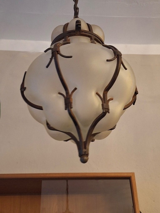 Venetian Iron and Blown Frosted Glass Hall Lantern Pendant Light, Italy 1960s