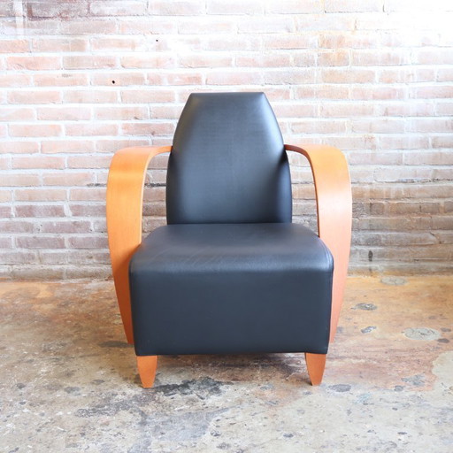 Vintage armchair leather wood Spanish 80s