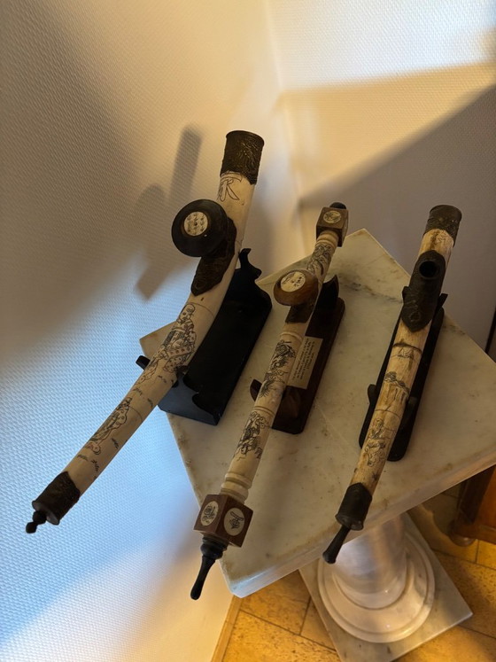 Drie antieke opium pijpen – Decoratieve objecten, Metaal, Hout (photo 2 of 5)