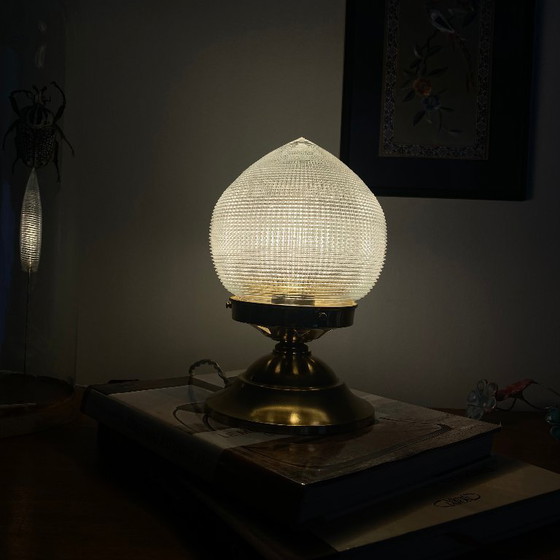 Image 1 of Antique globe table lamp in Holophane-type glass and brass
