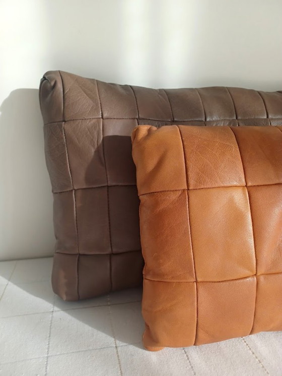 Image 1 of Vintage '70s-'80s leather cushion - warm cognac - patchwork