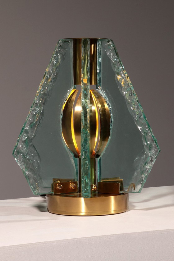 Image 1 of Chiselled Glass Table Lamp in Brass by Gino Paroldo for Dinodei, 1960s