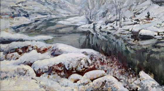 Origineel Olieverfschilderij Natuur Landschap Sneeuw Winter aan de Rivier – Schilderijen & Tekeningen, Canvas (photo 4 of 5)