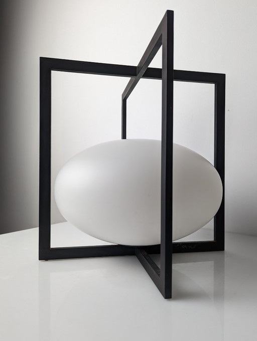 European Modernist Cube Table Lamp Black Metal Glass 1970s