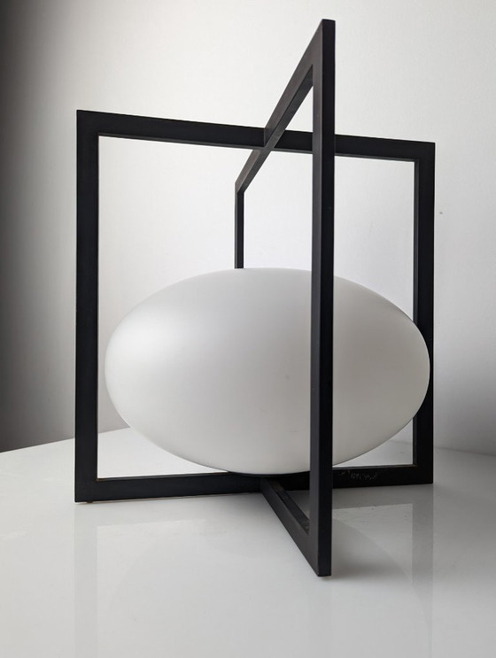 Image 1 of European Modernist Cube Table Lamp Black Metal Glass 1970s