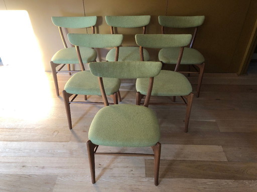 6x Vintage dining chairs, 1960s, light green, newly upholstered