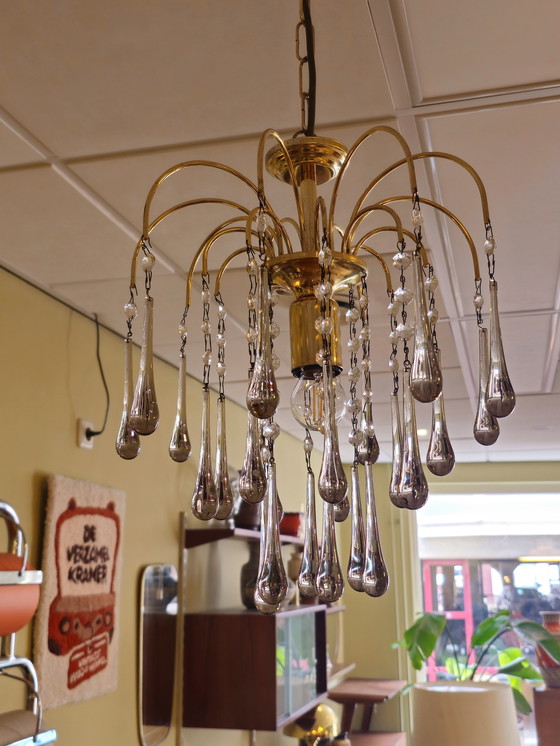 Image 1 of Lampadario a goccia vintage di Murano Lampada a sospensione in ottone fumé